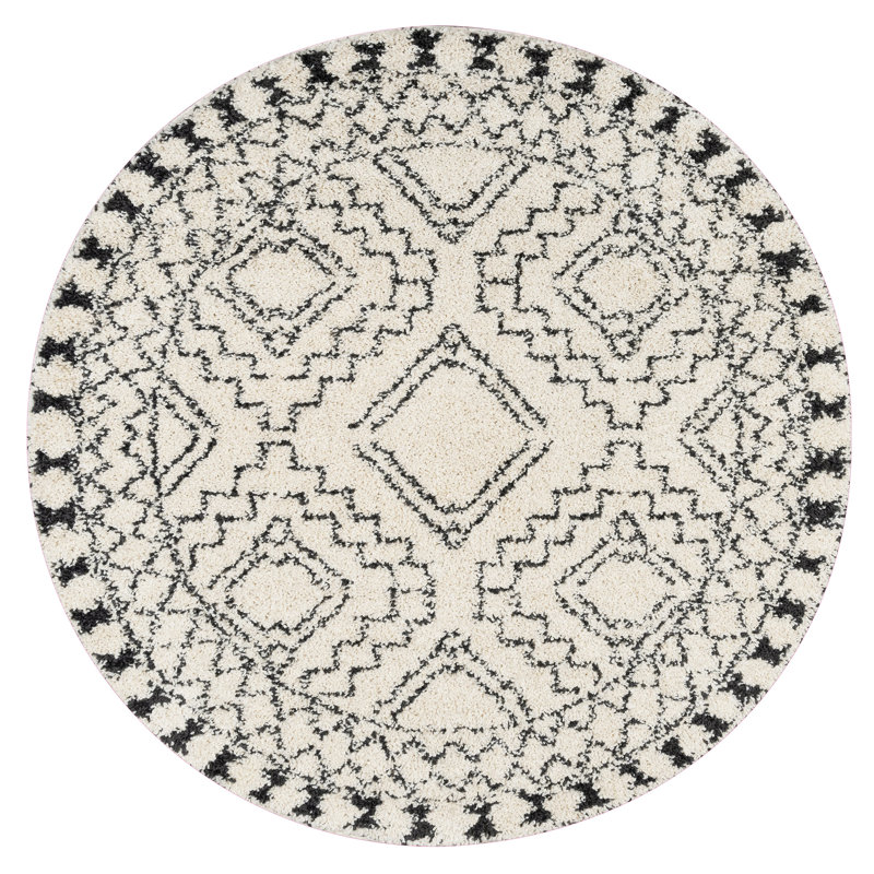 Adry Moroccan Shag Tasseled Cream/Charcoal Area Rug, Round 8'
