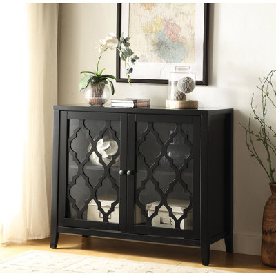 Console à finition noire avec deux portes en verre et une tablette pour le style armoire de salon, entrée idéale