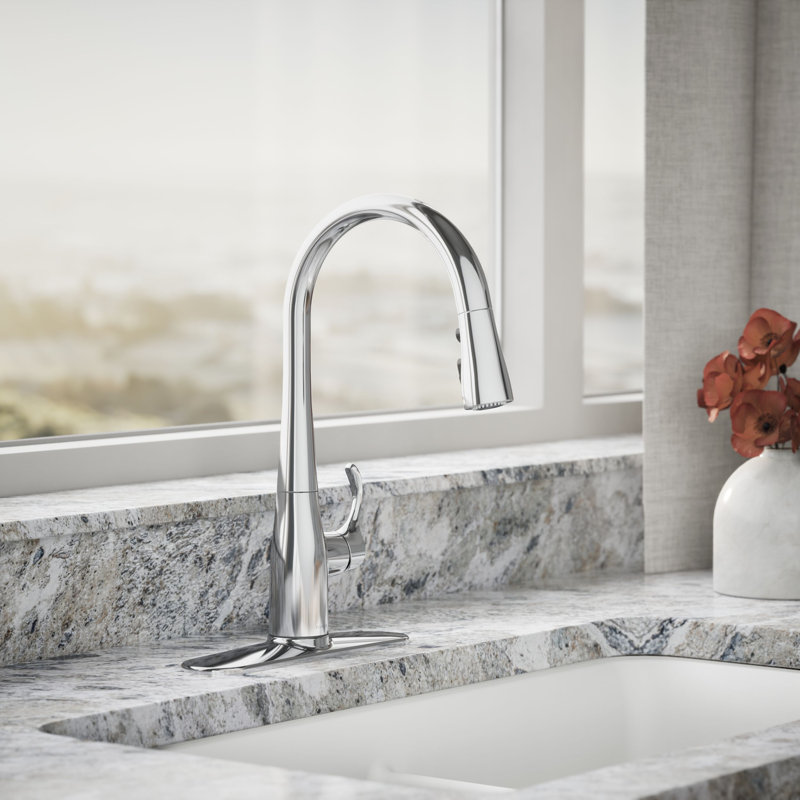 Robinet d'évier à barre rétractable à une poignée avec douchette à trois fonctions Kohler Simplice, Chrome poli