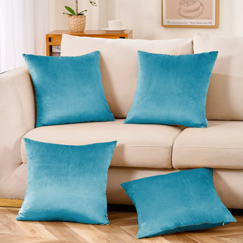 Set Of 4 Throw Velvet Cushion Covers, 18"H x 18"W, Blue