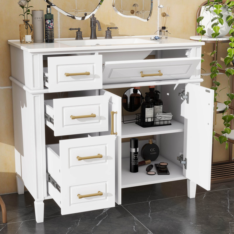 Meuble-lavabo de 36 pouces avec lavabo, meuble-lavabo simple avec quatre tiroirs (dont un tiroir rabattable), deux portes et une tablette réglable, armoire avec lavabo en céramique