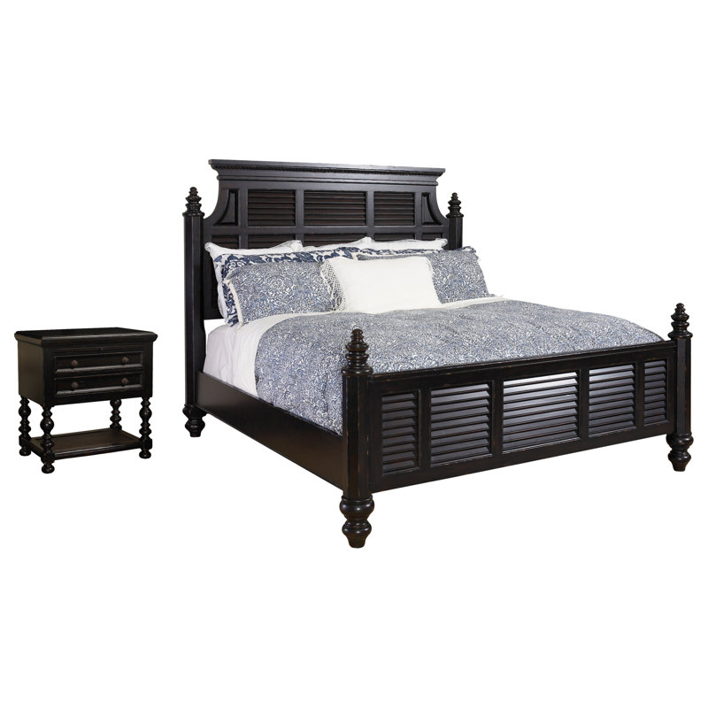Queen-Sized Malabar Black Poster Bed with Upholstered Headboard