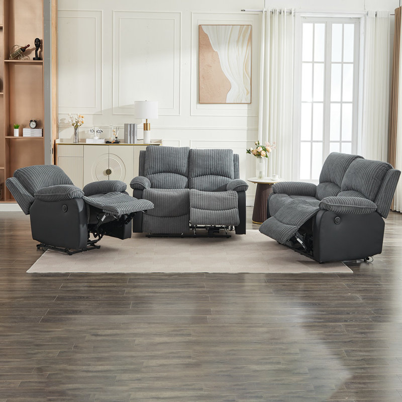 Reclining Sofa Sectional Recliner Plush Corduroy Couches Set Sofa, Power - Push Button