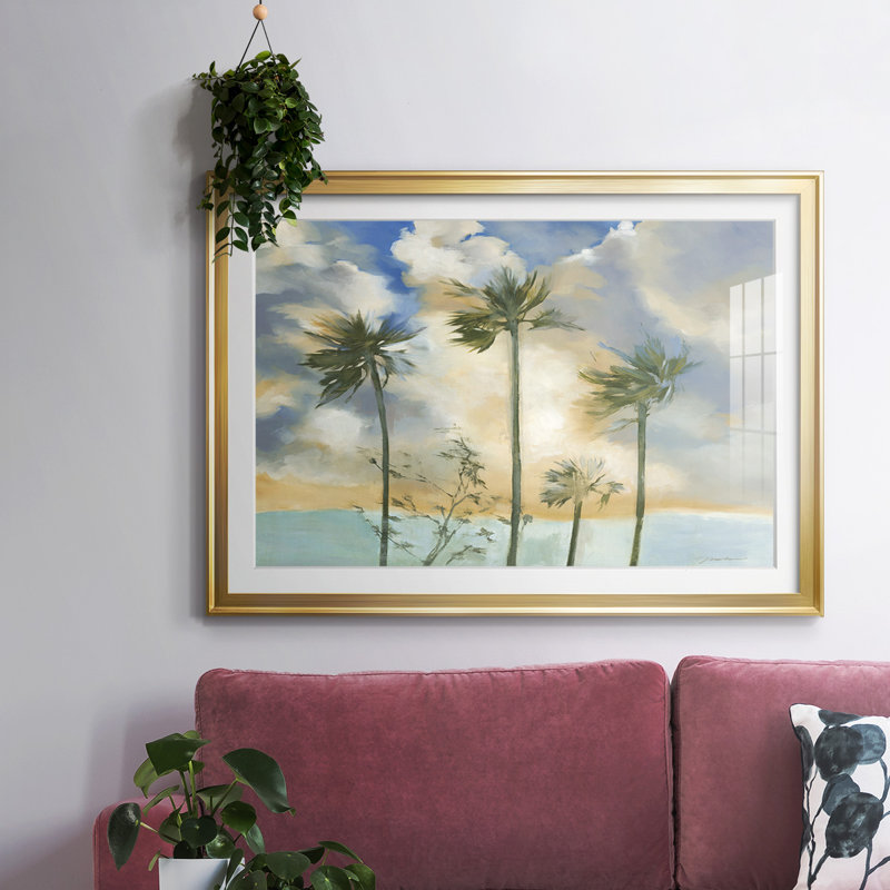 Palmiers dans le vent, impression encadrée avec biseau mat et verre, Or, H 15 po x l 21 po x P 1,5 po