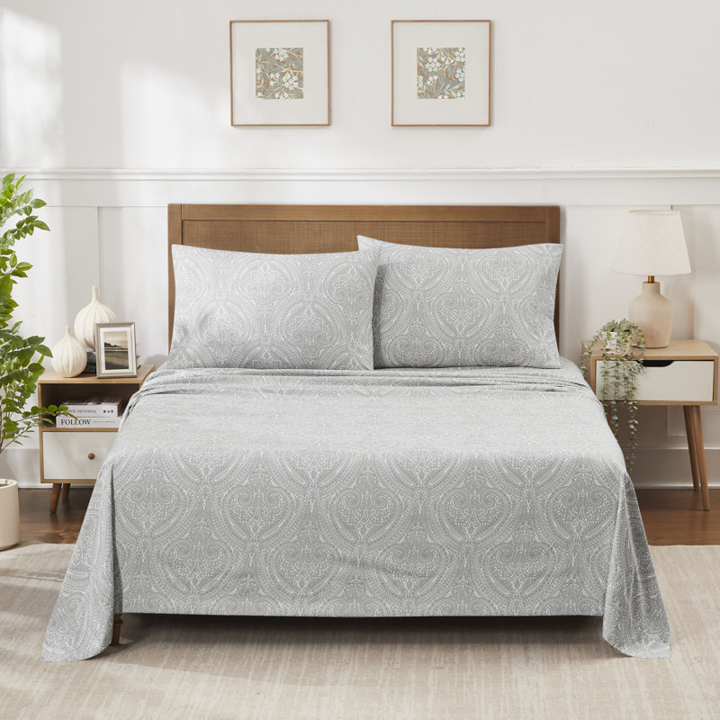Microfiber Paisley Sheet Set, Gray, Cal. King Sheet Set with 2 Pillowcases