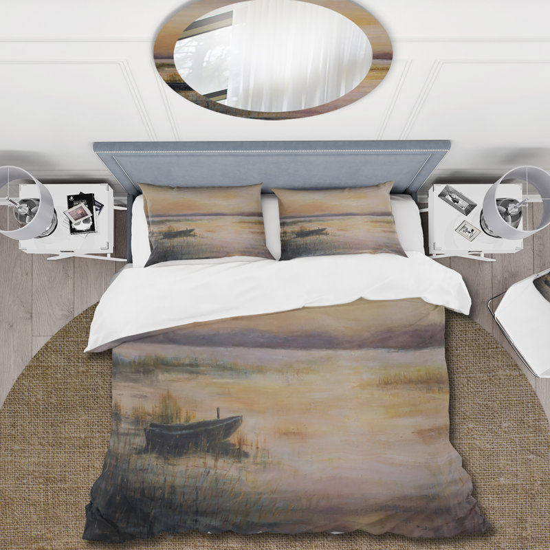 Pastel Sunset Over The Lake - Ensemble de housse de couette nautique et côtier - Polyester en microfibre
