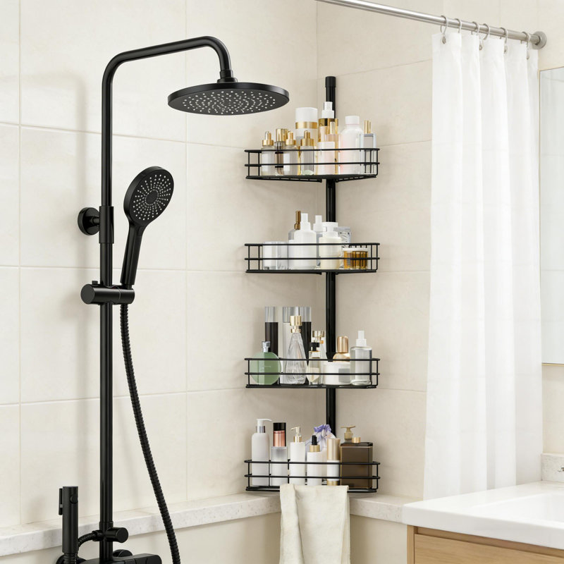 76 CM-110 CM Adjustable Bathroom Organizer Shelves with 4-Tier Rustproof Bathroom Shelves, Matte Black