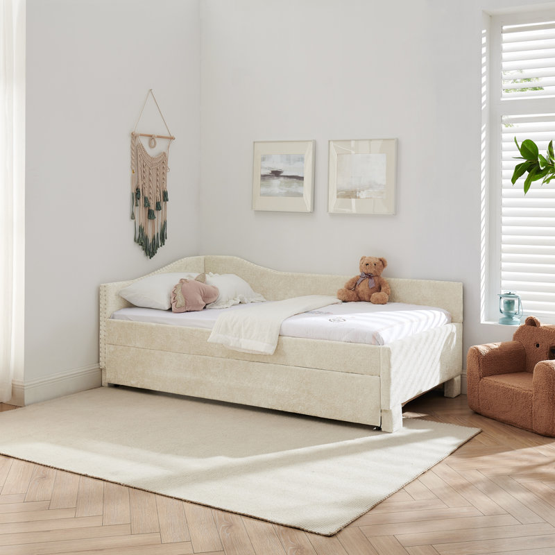Twin Size Curved Round Edge Padded Backrest Daybed with Pull-out Trundle and USB Port, Vintage Nailhead Trim Chenille Upholstery