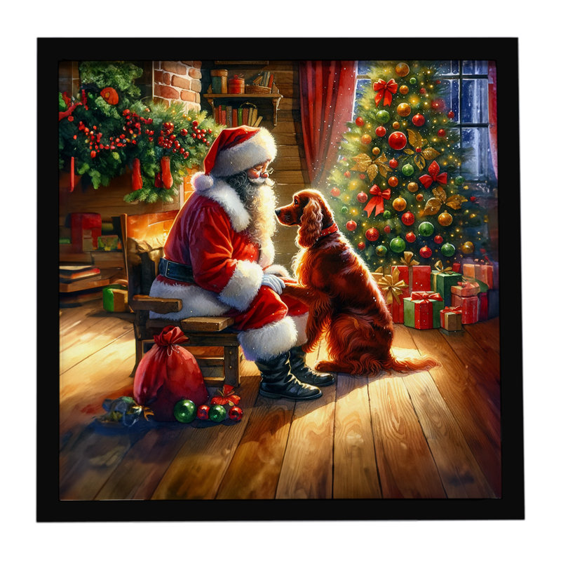 Setter irlandais et père Noël, reproduction d'art encadrée