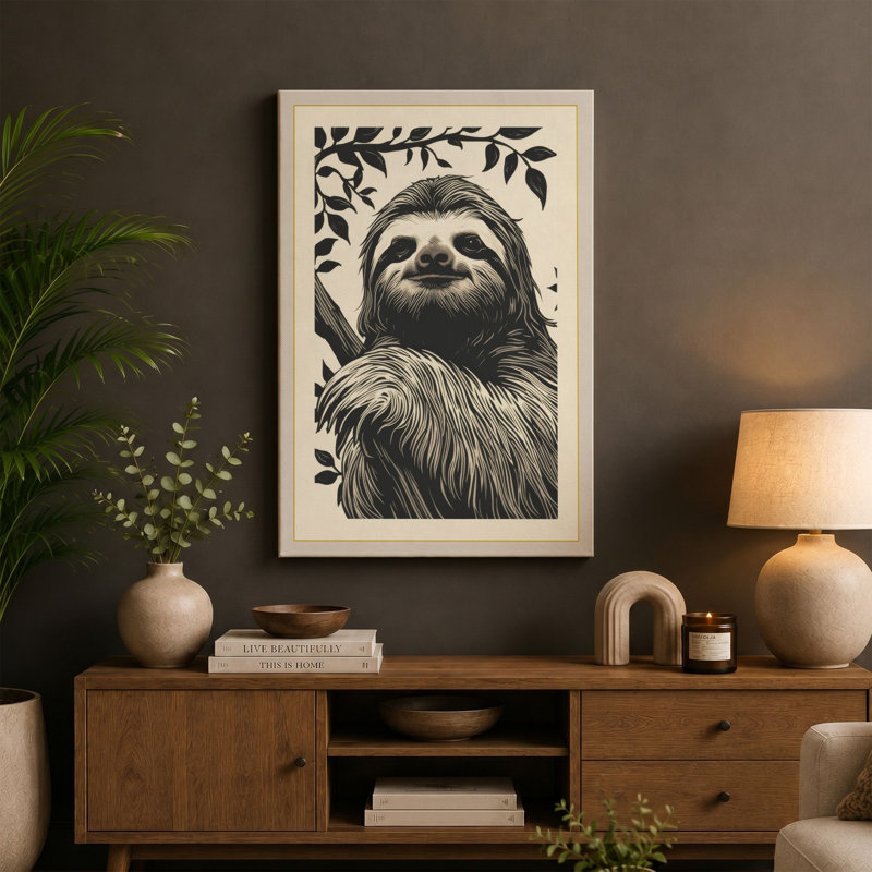 Sloth Among Leaves Boho - Wrapped Canvas, 24x16 - 61.0 x 40.6 cm, Ochre Border