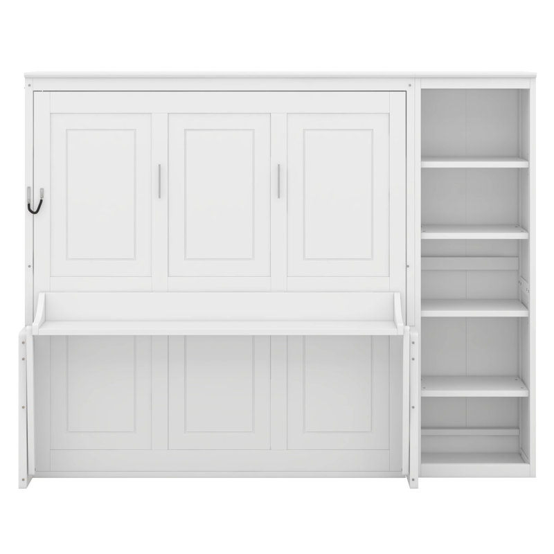 Lit escamotable avec bureau et bibliothèque Murphy, Blanc, Queen