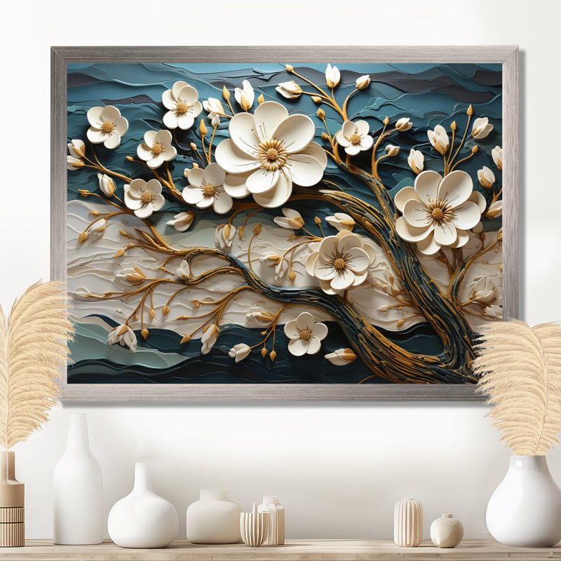 Blanc et or, charmante fleur printanière, élégance III - fleurs, art mural, Cadre de coin fermé argenté