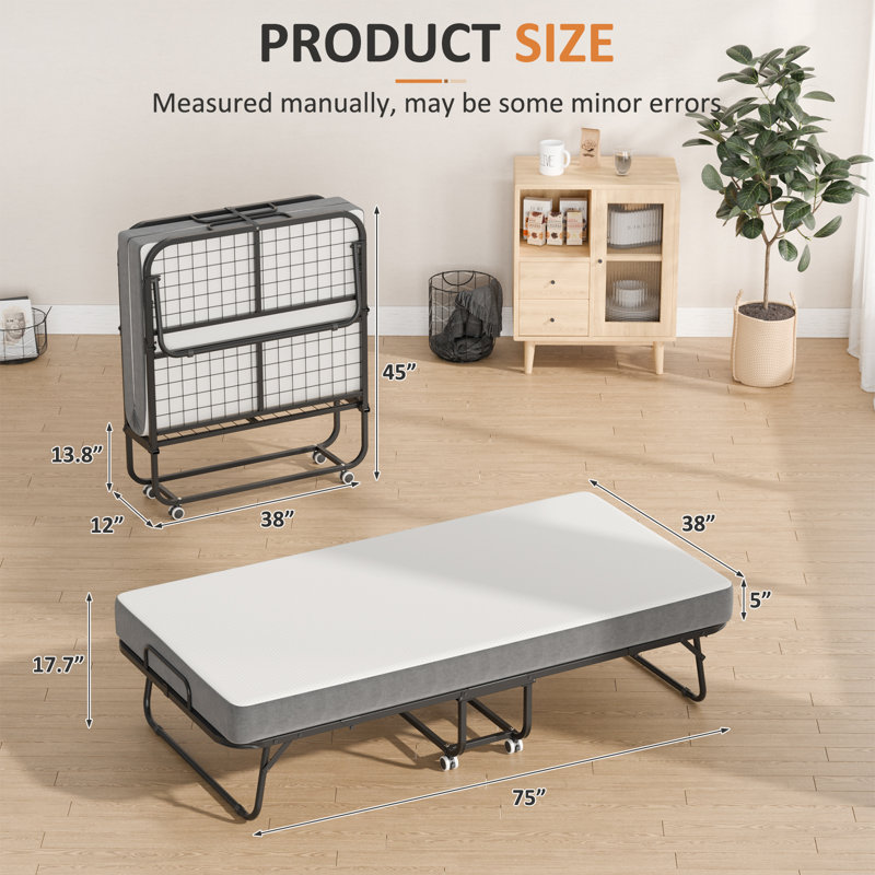 Folding Rollaway Guest Bed with 5-Inch Memory Foam Mattress | 38” Portable Foldable Bed | Sturdy Metal Frame | 650-LB Capacity | Space-Saving Design