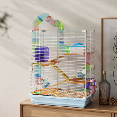 18" 5 Tier Hamster Cage With Tubes, Tunnels, Portable Carry Handle - Blue, Includes Water Bottle, Food Dish, Exercise Wheel For Small Hamsters And Blue Handle,