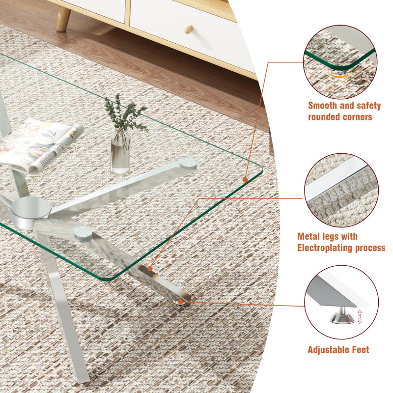 Modern Glass Coffee Table, 39.37" Sofa Coffee Table with Cross Metal Frame and Clear Glass Top, Rectangular Cocktail Centre Table for Living Room