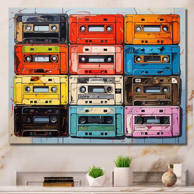 Popart Cassette Tapes II, reproduction d'art sur toile encadrée, Cadre photo noir, H 34 po x l 44 po x P 1,5 po