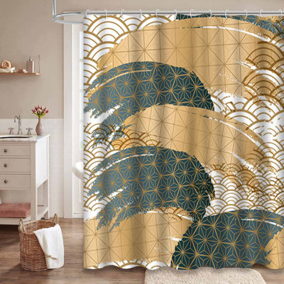 Waterproof Asian Ocean Collage Bath Japanese Wave Shower Curtain with 12 Hooks