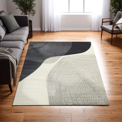 Tapis Veer 5 x 7, motif abstrait linéaire, polyester, laine, gris, ivoire