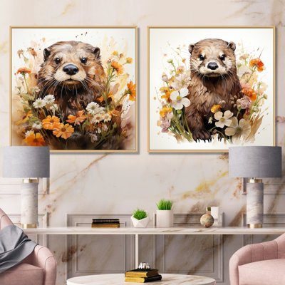 Brown Otter In Blooming Meadow I - Otter Wall Art Prints Set Of 2