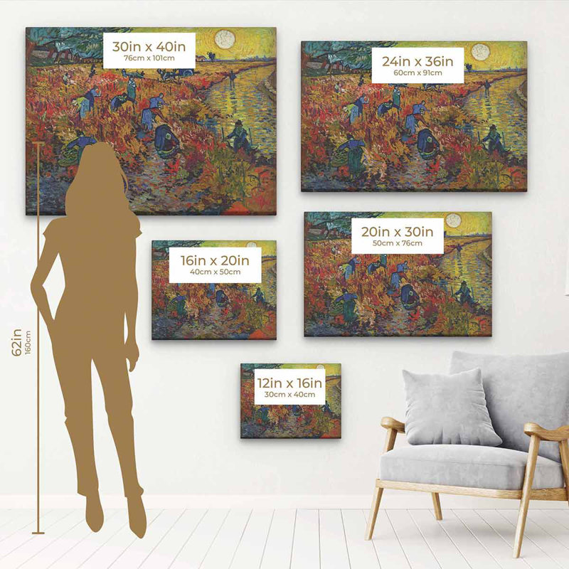«Mairwen Orange Red Vineyard» par Vincent Van Gogh - reproduction, H 30 po x l 40 po, Cadre flottant blanc