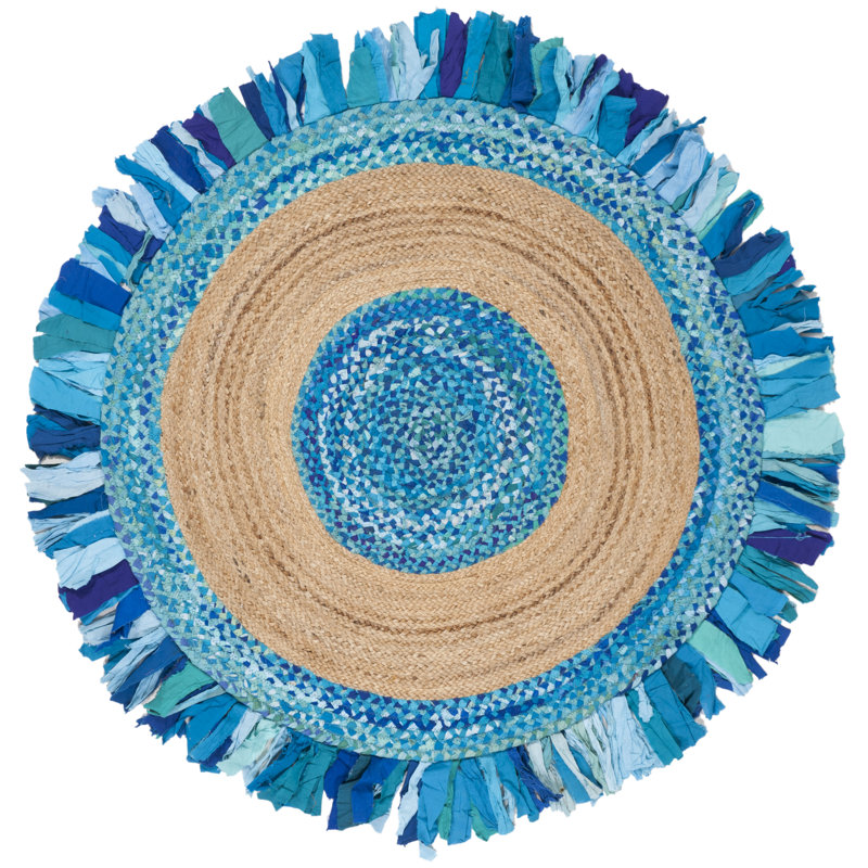 Yousef Hand Woven Cotton/Jute Rug in Turquoise/Natural, Round 3'