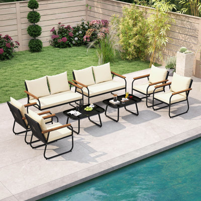 8 Pcs Patio Furniture Set With Tempered Glass Coffee Table Pe Wicker Rattan Chairs