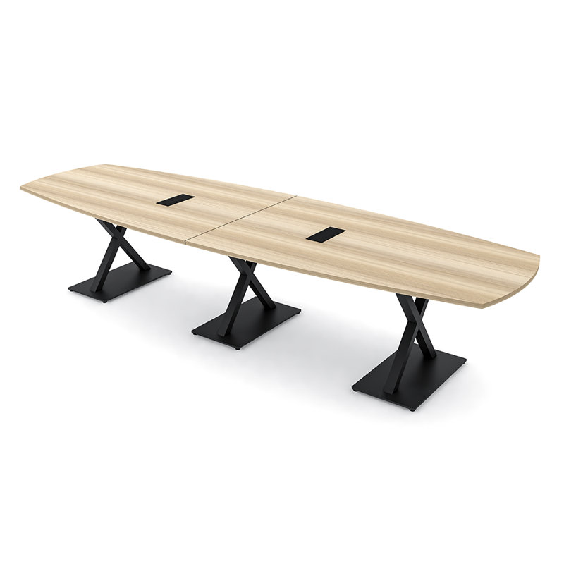 Table de conférence Pavert Arc Boat avec base en X en métal | Unité électrique, H 30 po x l 144 po x P 48 po, Noir mat