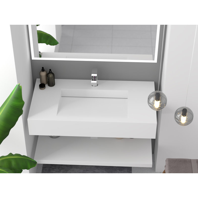 Pyramid 36" Rectangular Solid Surface Wall Mount Bathroom Sink and LED Mirror Combo, White