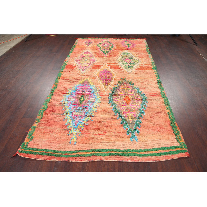 Tapis décoratif couleur pêche en laine de conception unique 4 pi 10 po x 9 pi 3 po noué à la main