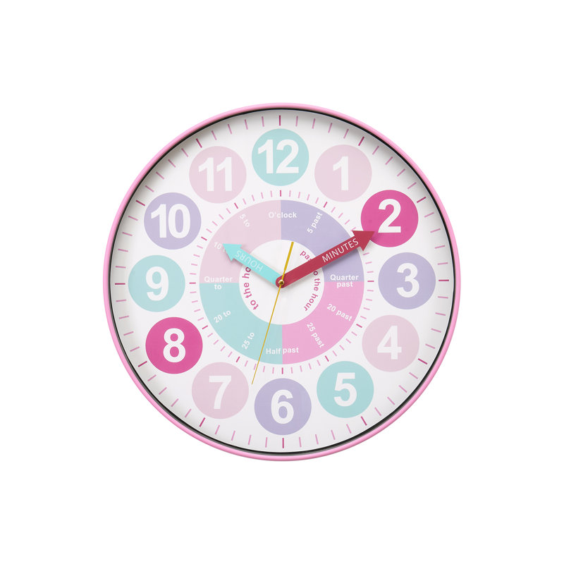 Clocks, 18" Round, Juvenile, Wall Clock, Multi-colored Face, Pink Frame, Contemporary, Modern, White/Pink
