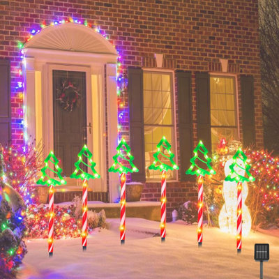 Solar Christmas Pathway Lights Outdoor Decorations Christmas Decorations 8 Modes Xmas Tree Candy Lights Waterproof Led Garden Stake Light For Walkway Yard Lawn Porch Holiday Décor 6 Pack