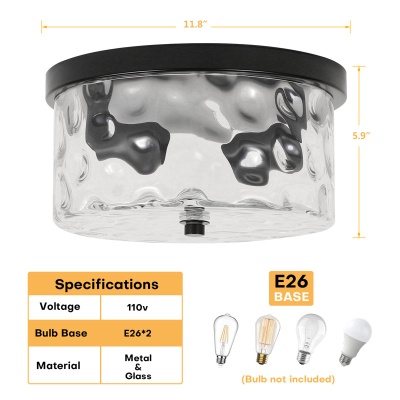 Alixandra 2-Light Flush Mount Ceiling Light With Clear Hammered Glass, Matte Black, 11.81" L x 11.81" W x 5.9" H