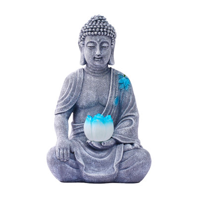 8.3"h Sitting Solar Buddha Statue: Waterproof Resin Zen Decor With Lotus And Light - Patio Yard Lawn Decoration(gray)