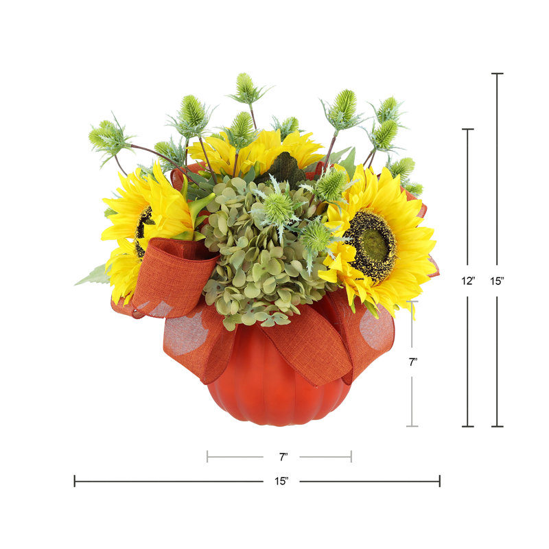 Fall Sunflower and Hydrangeas Arranged in Pumpkin Glass