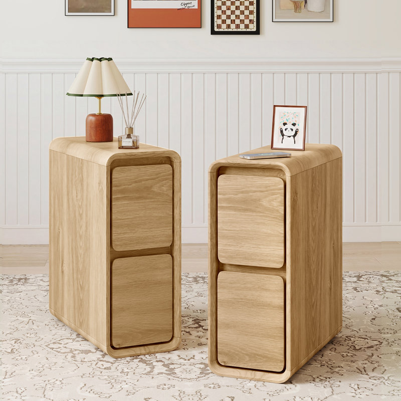 Table d'appoint étroite avec 2 tiroirs (lot de 2), Beige, 2