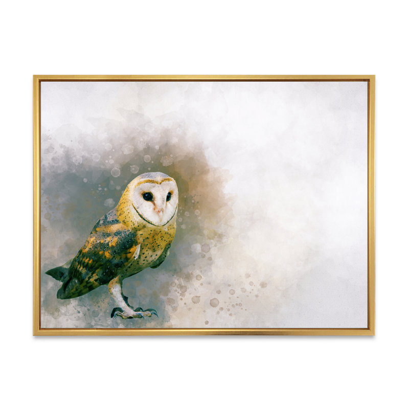 Portrait d'une chouette effraie - peinture sur toile, H 34 po x l 44 po, Toile à cadre flottant doré