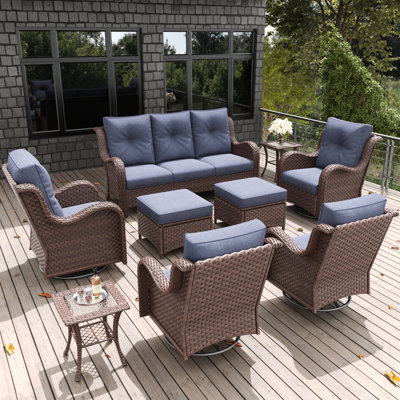  Ensemble de mobilier d'extérieur 9 pièces, chaises modulaires pivotantes en osier rotin avec repose-pieds, fauteuils coulissants pivotants, chaises simples et table basse