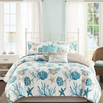 Édredon très grand en coton avec coquillages imprimés, étoiles de mer, coraux et look tendance 7 pièces pour une chambre côtière vibrante
