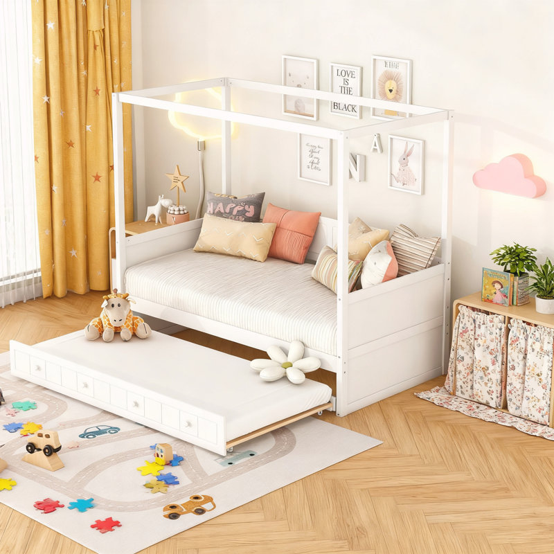 Twin Size Canopy Day Bed with twin size Trundle, White