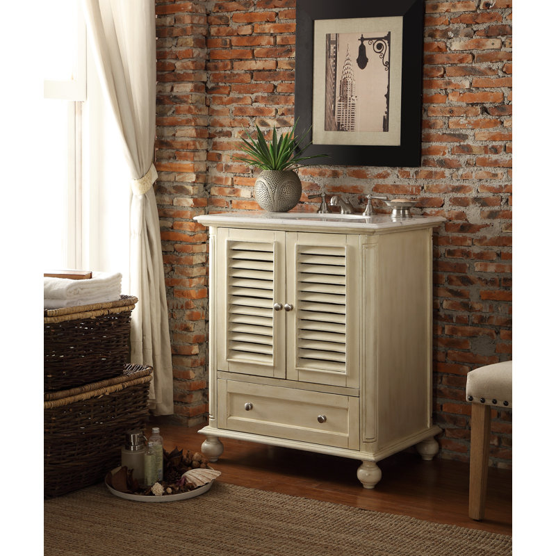 30'' Single Bathroom Vanity with Marble Top, Distressed Cream
