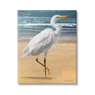 Héron blanc debout sur la plage avec vagues de rivage par Diane Neukirch - peinture sur toile tendue
