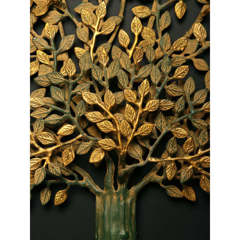 Arbre de vie, art mural en métal - grande suspension murale en laiton 27 po avec finition patine dorée verte, sculpture murale faite à la main