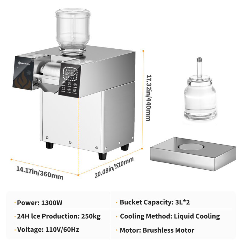 Rasoir à glace commercial haute vitesse, 10 réglages réglables avec protection de sécurité intelligente, machine à cône de neige en acier inoxydable 304 pour le café, la boulangerie et la cuisine extérieure