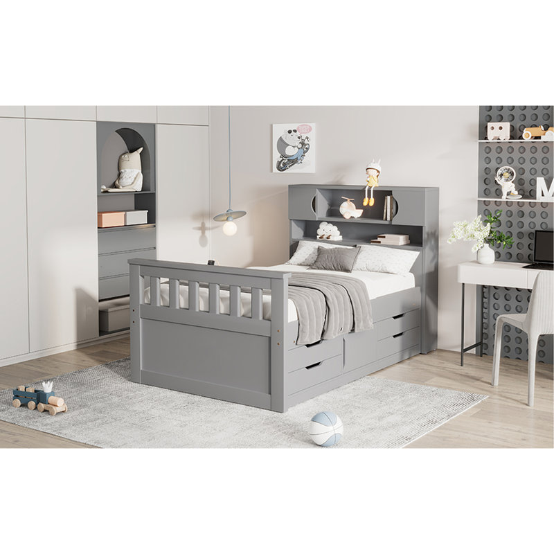 Lit simple avec bibliothèque et tiroirs de rangement - gris. Options de plateforme faciles à assembler. Matériaux. Ajout de rangement. Simple
