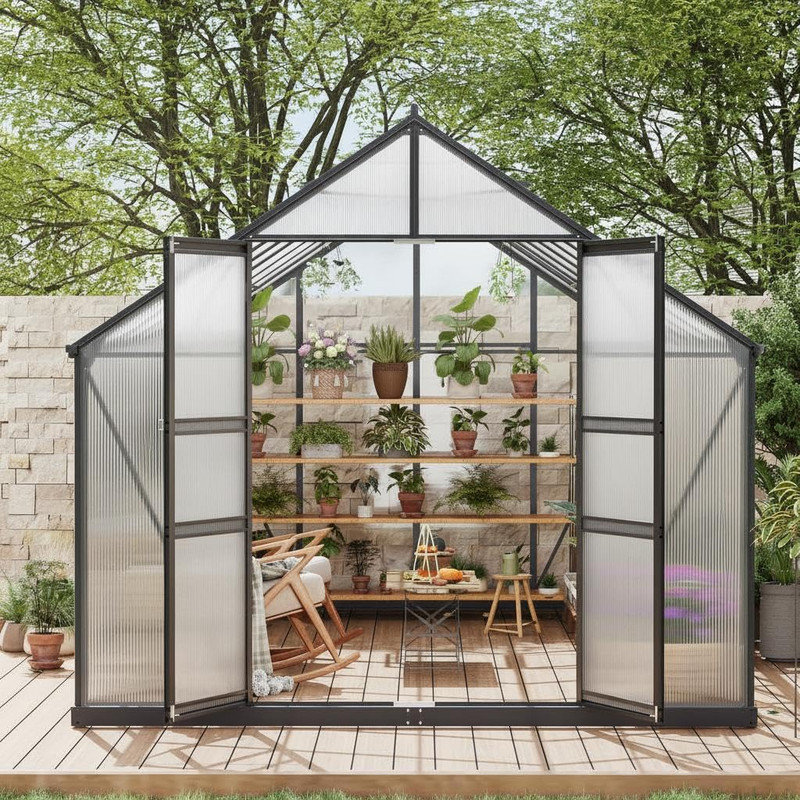 Serre de 8 pi x 16 pi pour la cour arrière, cadre en aluminium robuste avec panneaux en polycarbonate et évent de toit