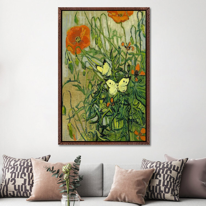 Butterflies And Poppies by Vincent Van Gogh - Floater Frame Painting on Canvas, 152.5 cm H x 101.5 cm W, Brown