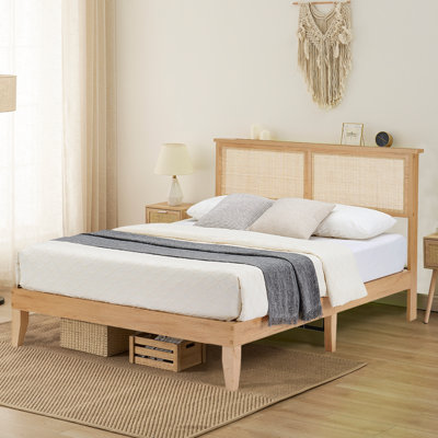  Rattan Bed Frame Queen, Boho Bed Frame Queen Size With Natural Rattan Headboard, Rattan Queen Bed Frame With Led Lights, Wooden Support Legs and Slats, Noise-Free, No Box Spring Needed