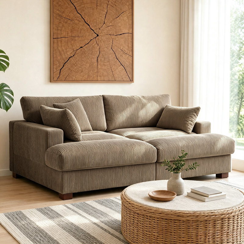 Canapé-lit surdimensionné en velours côtelé avec accoudoirs et coussins Bentura, H 35,2 po x l 83,9 po x P 56,5 po, Chameau