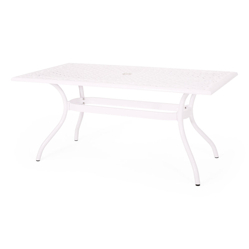 White Outdoor Table - Rectangular Cast Aluminum, Floral Elegance, Umbrella Holder Feature, 68.97" W X 37.06" D 29.69" H Aluminum Touch, Accommodation Hole, H,