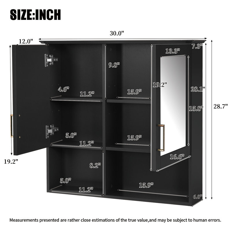  Armoire à pharmacie murale 30 po 2 en 1, rangement pour miroir avec tablettes réglables et fermeture en douceur, noir, Noir